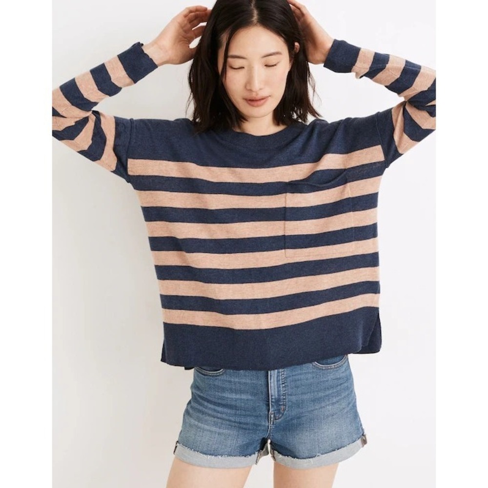 Madewell‎ Lightweight Pocket Pullover Sweater in Stripe Cotton Linen Navy Tan S